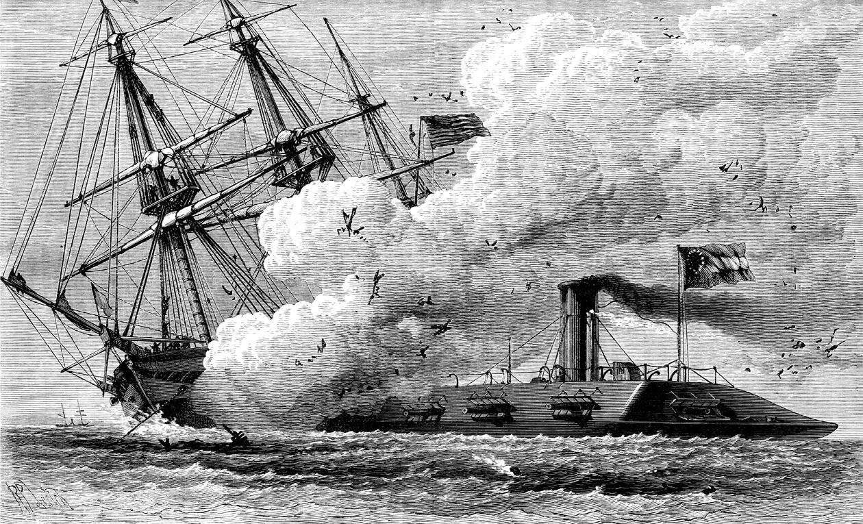 कॉन्फेडरेट आयरनक्लाड मेरिमैक ने यूएसएस कंबरलैंड, 1862 सी 1880 को डूबो दिया द्वारा अज्ञात