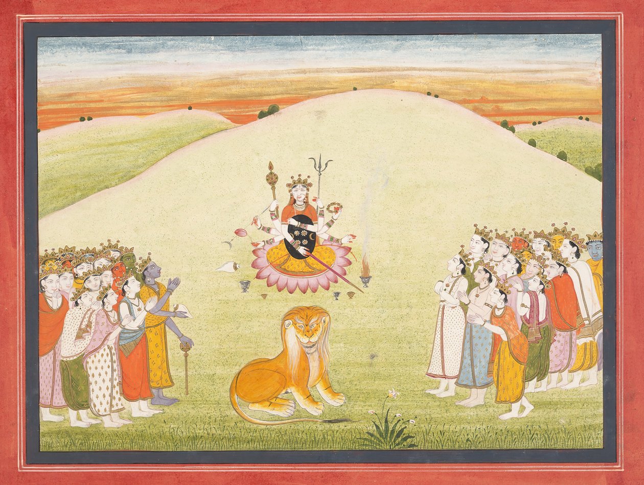 दुर्गा की रचना: एक बिखरे हुए मार्कंडेय पुराण से पृष्ठ ..., ca. 1810-1820। द्वारा अज्ञात