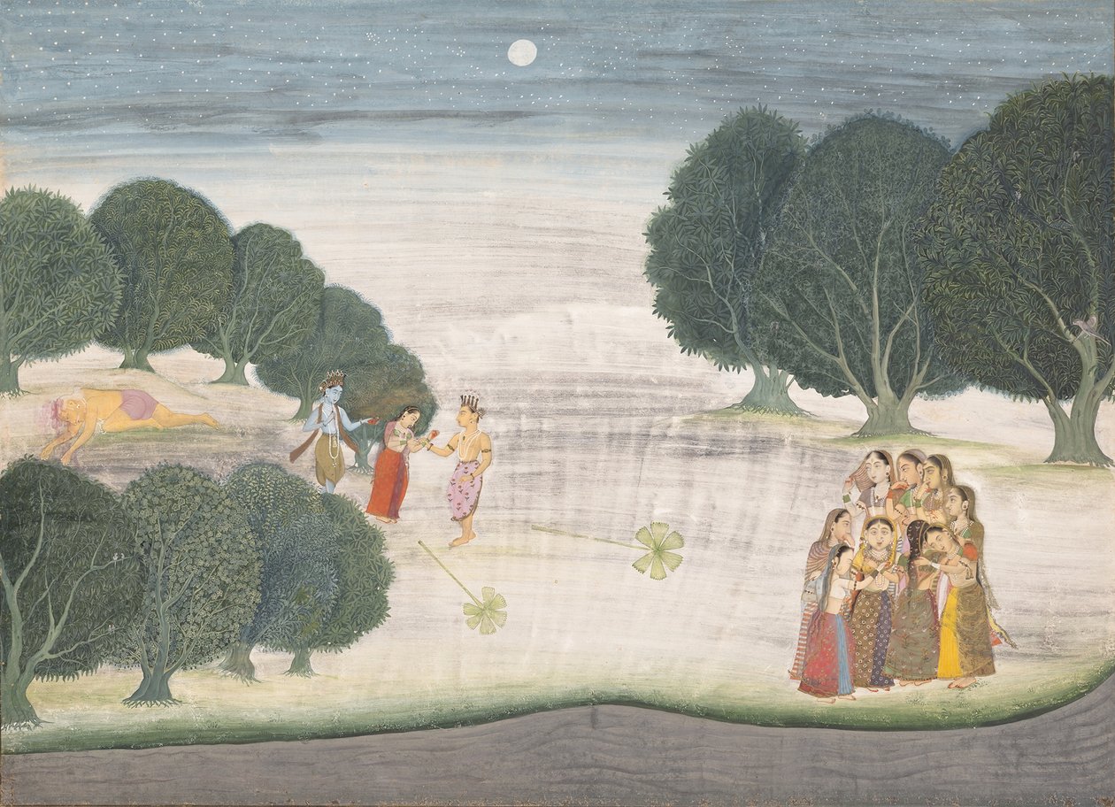 विशालकाय शंखचूर्ण की मृत्यु: एक भगवत पुराण से पृष्ठ ... 1680-90। द्वारा अज्ञात