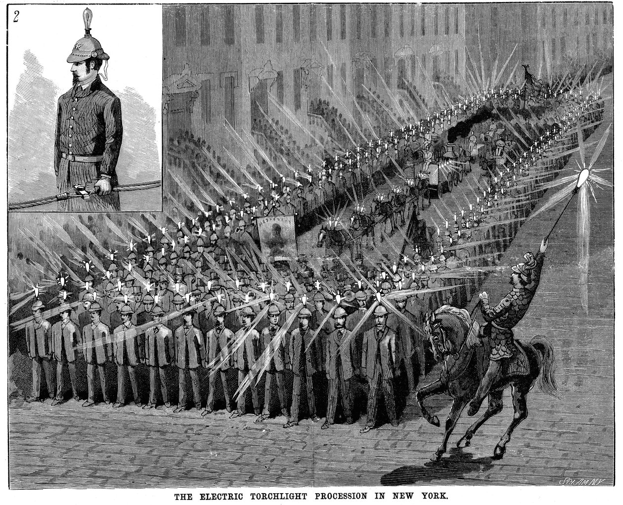 न्यूयॉर्क, अमेरिका में 1884 में इलेक्ट्रिक टॉर्चलाइट जुलूस द्वारा अज्ञात