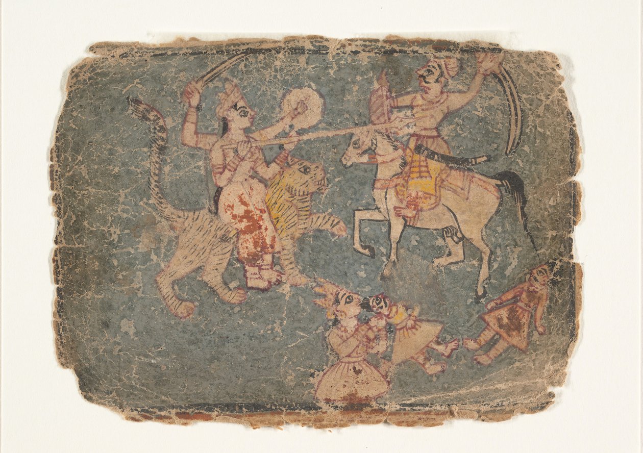 शत्रु का वध करती देवी दुर्गा, बिखरे हुए मार्कंडेय पुराण का पृष्ठ..., 1650-60। द्वारा अज्ञात