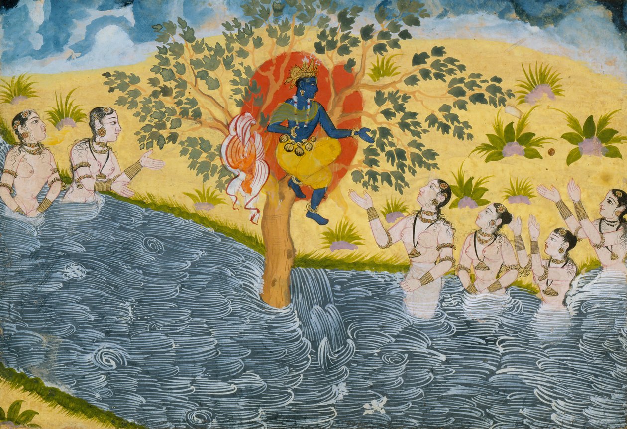 गोपियों ने कृष्ण से उनके वस्त्र, पृष्ठ भागवत पुराण से लौटाने की विनती की ..., ca. 1610। द्वारा अज्ञात