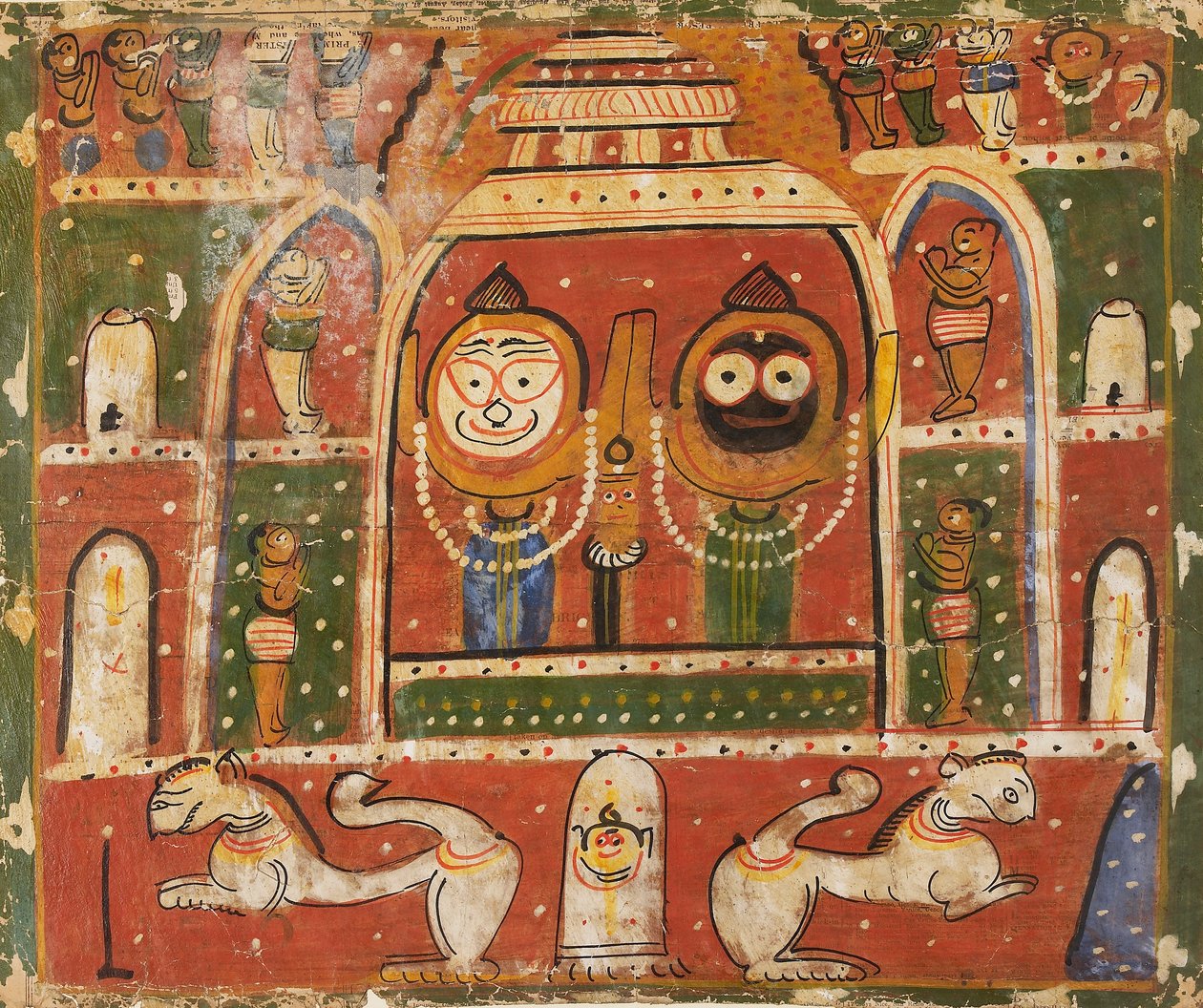 पुरी के मंदिर में जगन्नाथ तिकड़ी, 1931 या 1932 द्वारा अज्ञात