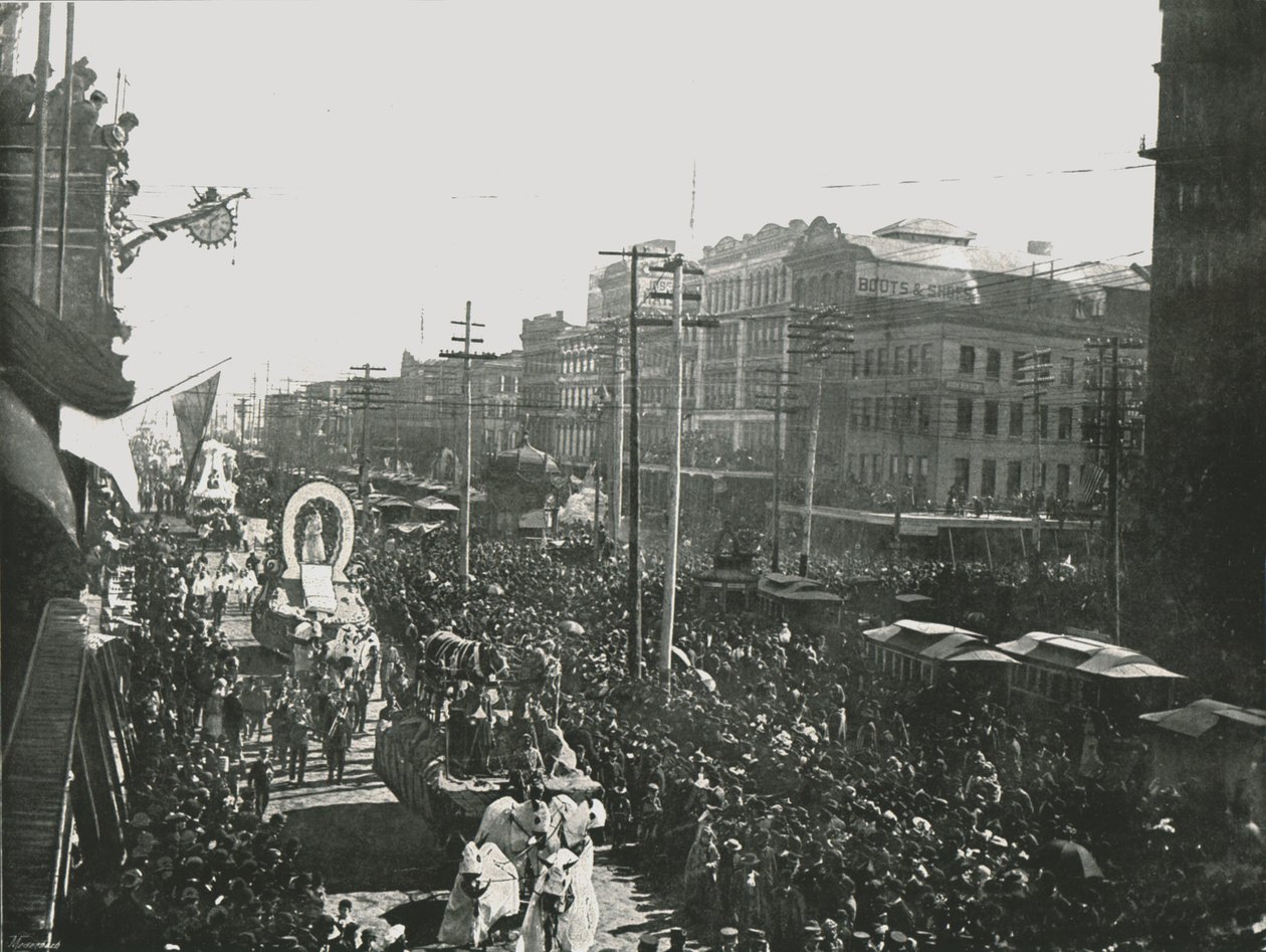 नॉर्ड स्ट्रीट, न्यू ऑरलियन्स, यूएसए, 1895 में मार्डी ग्रास परेड। द्वारा अज्ञात