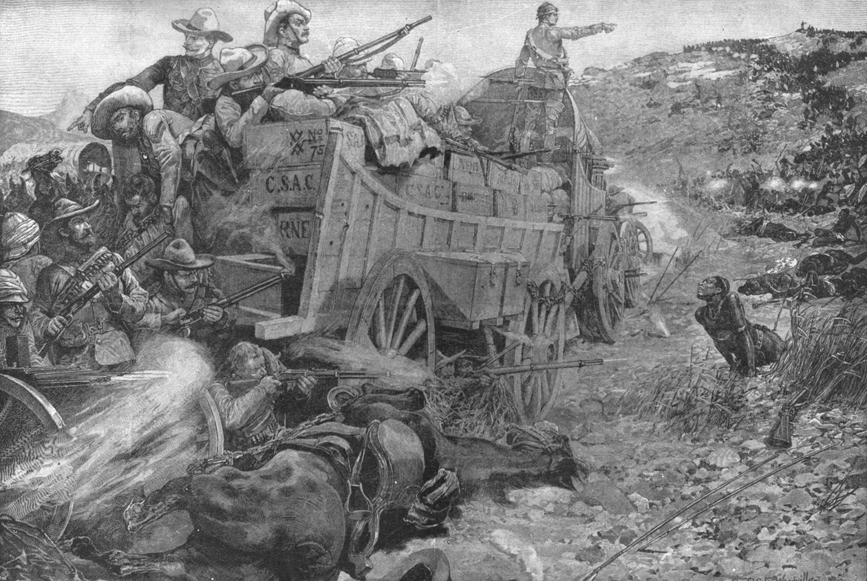 द माटाबेल वार, 1893: 1 नवंबर, 1901 को इमबबेज़ी नदी पर वैगनों के लागर पर हमला। द्वारा अज्ञात