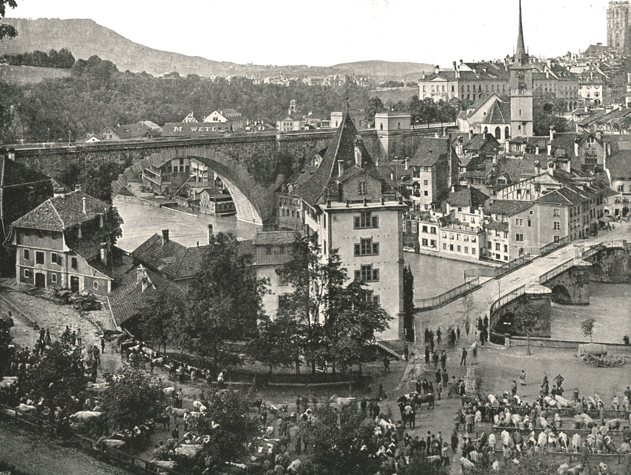 Nydeggbrücke और मवेशी बाजार, बर्न, स्विट्जरलैंड, 1895। द्वारा अज्ञात