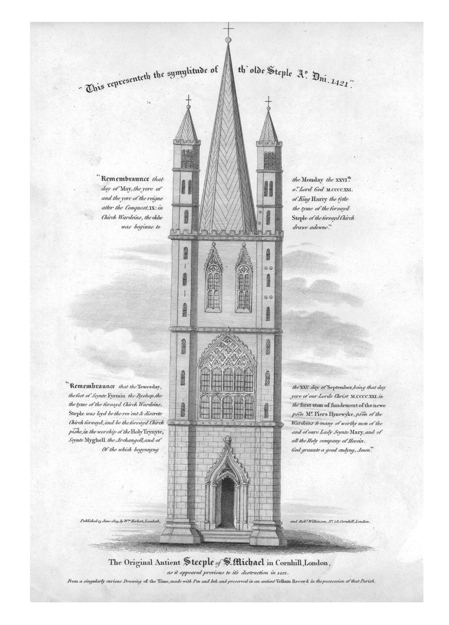 कॉर्नहिल, लंदन में सेंट माइकल का मूल प्राचीन स्टीपल ... 1421, 1809। द्वारा अज्ञात