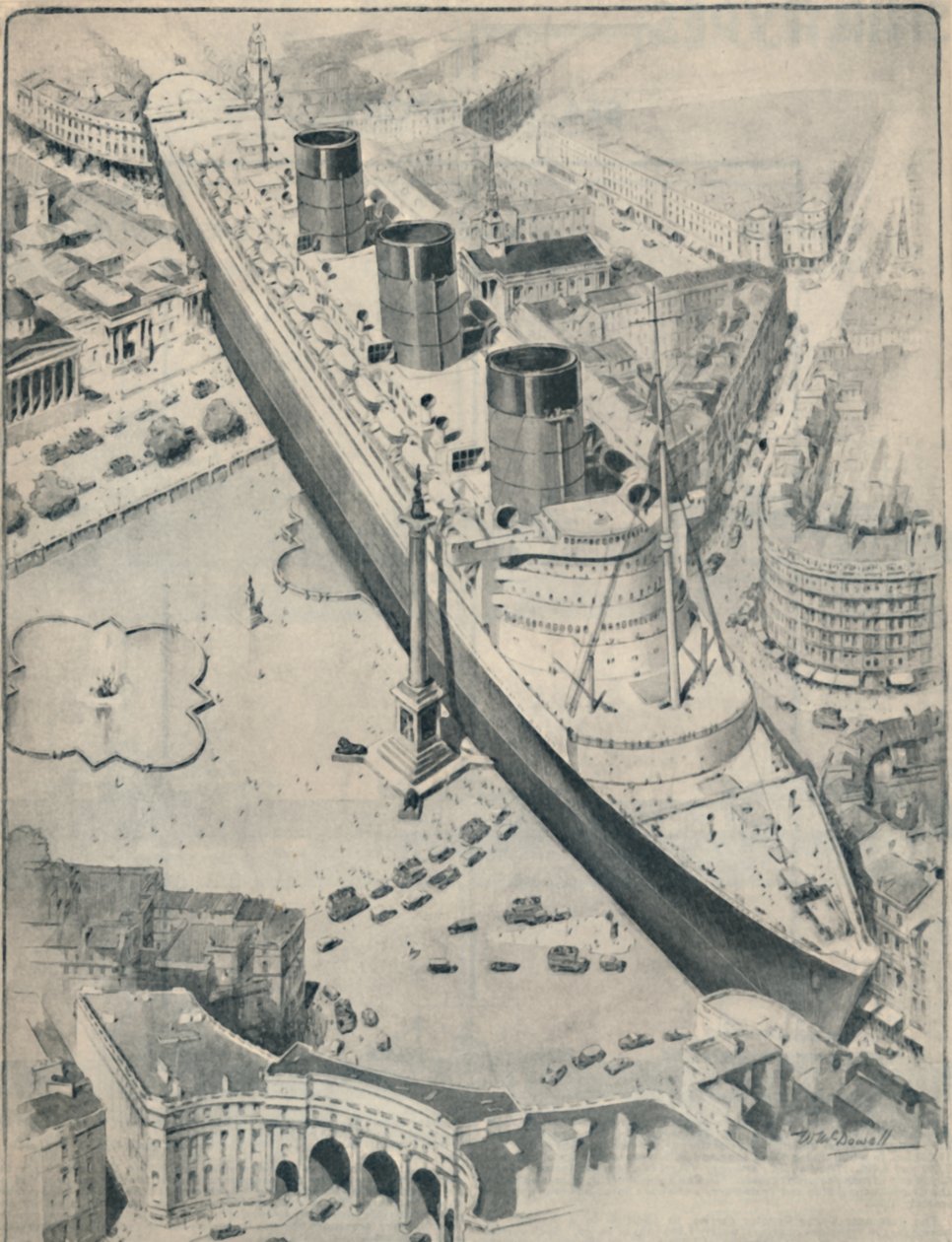 द क्वीन मैरी इन रिलेशन टू ट्राफलगर स्क्वायर, लंदन, 1936 द्वारा अज्ञात