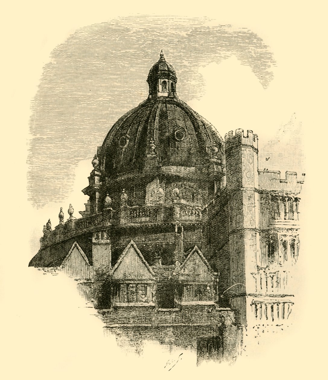 रैडक्लिफ़ लाइब्रेरी, ब्रसेनोज़ के चतुष्कोण से, 1898। द्वारा अज्ञात