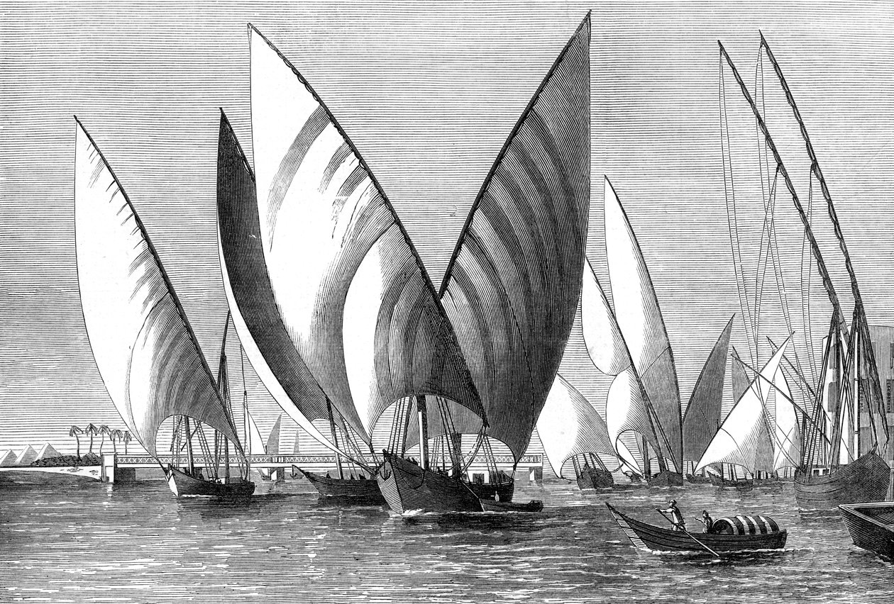 नदी Boulak ब्रिज, काहिरा, Dahabeahs गुजरने के साथ, 1874 द्वारा अज्ञात