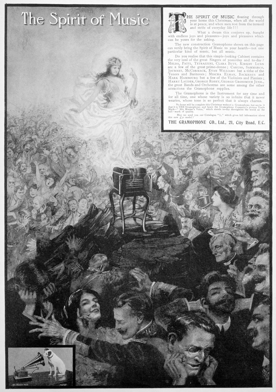 द स्पिरिट ऑफ़ म्यूज़िक, ग्रामोफोन कंपनी के लिए विज्ञापन, 1910 द्वारा अज्ञात
