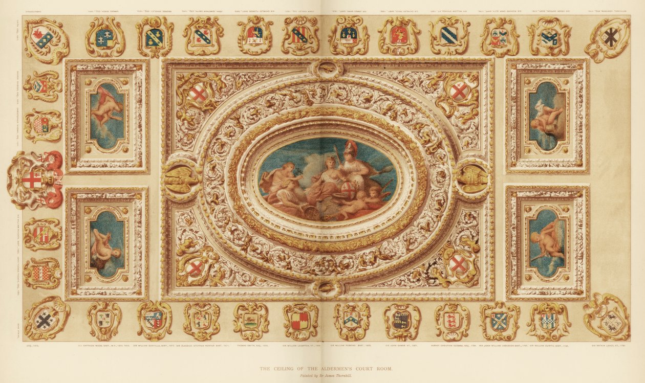 एल्डर्मेंस कोर्ट रूम की छत, गिल्डहॉल, सिटी ऑफ़ लंदन, 18 वीं शताब्दी 1886 द्वारा अज्ञात