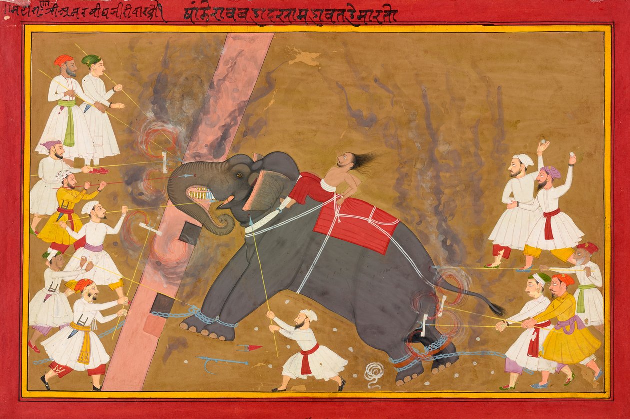 The elephant Khanderao Bahadur killing Sham Mahavat, ca. 1700.  द्वारा अज्ञात