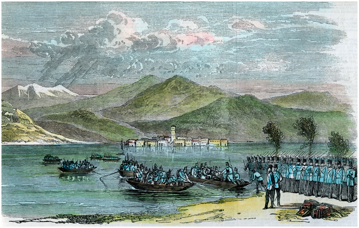 युद्ध, ऑस्ट्रियाई लोगों ने इटली के Lago Maggiore, c1875 को पार किया द्वारा अज्ञात