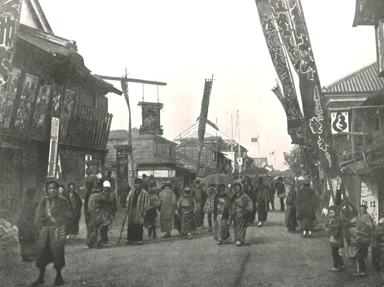 थिएटर स्ट्रीट, योकोहामा, जापान, 1895। द्वारा अज्ञात