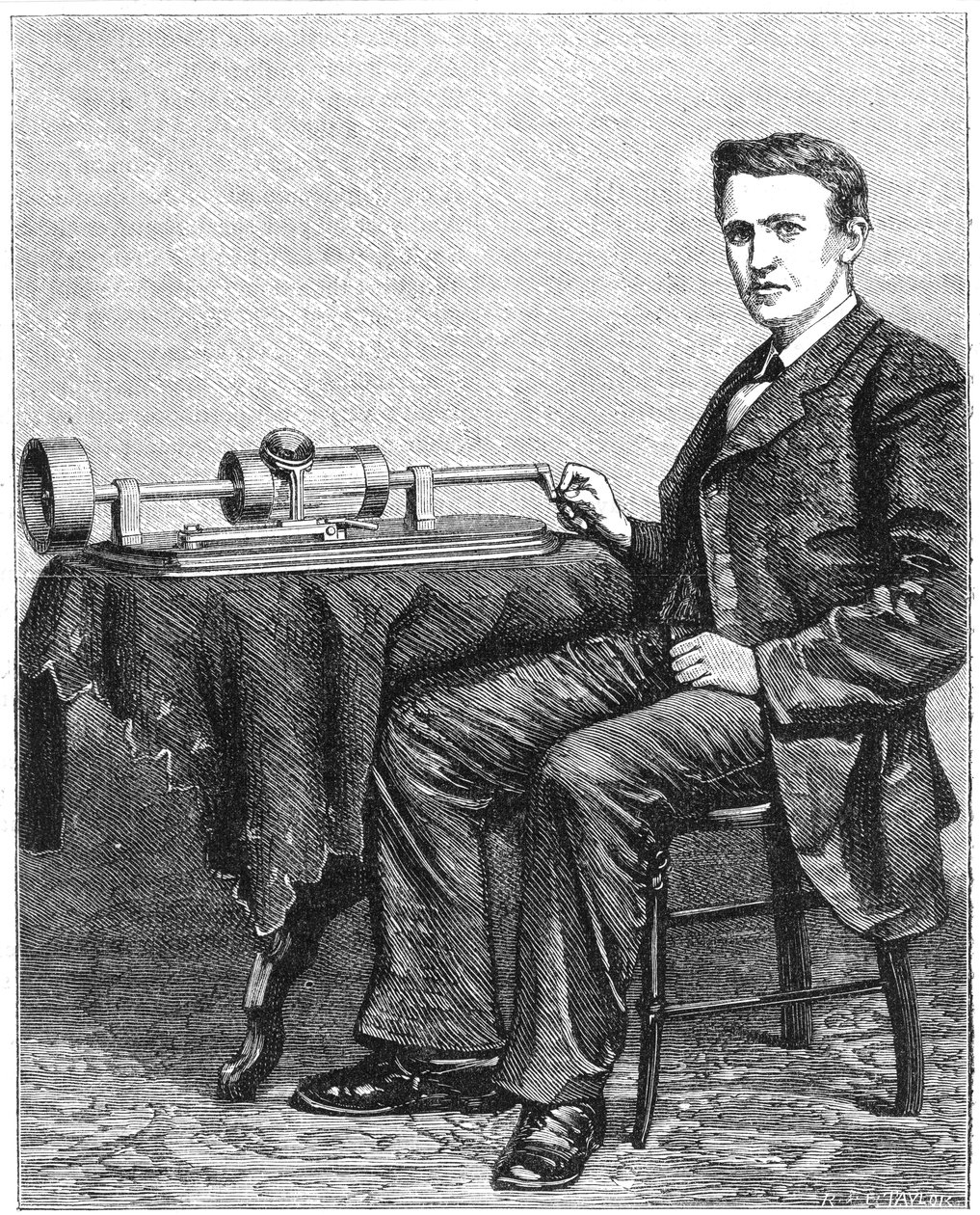 थॉमस अल्वा एडिसन, अमेरिकी आविष्कारक, उनके फोनोग्राफ, 1878 के शुरुआती हाथ से संचालित मॉडल के साथ द्वारा अज्ञात