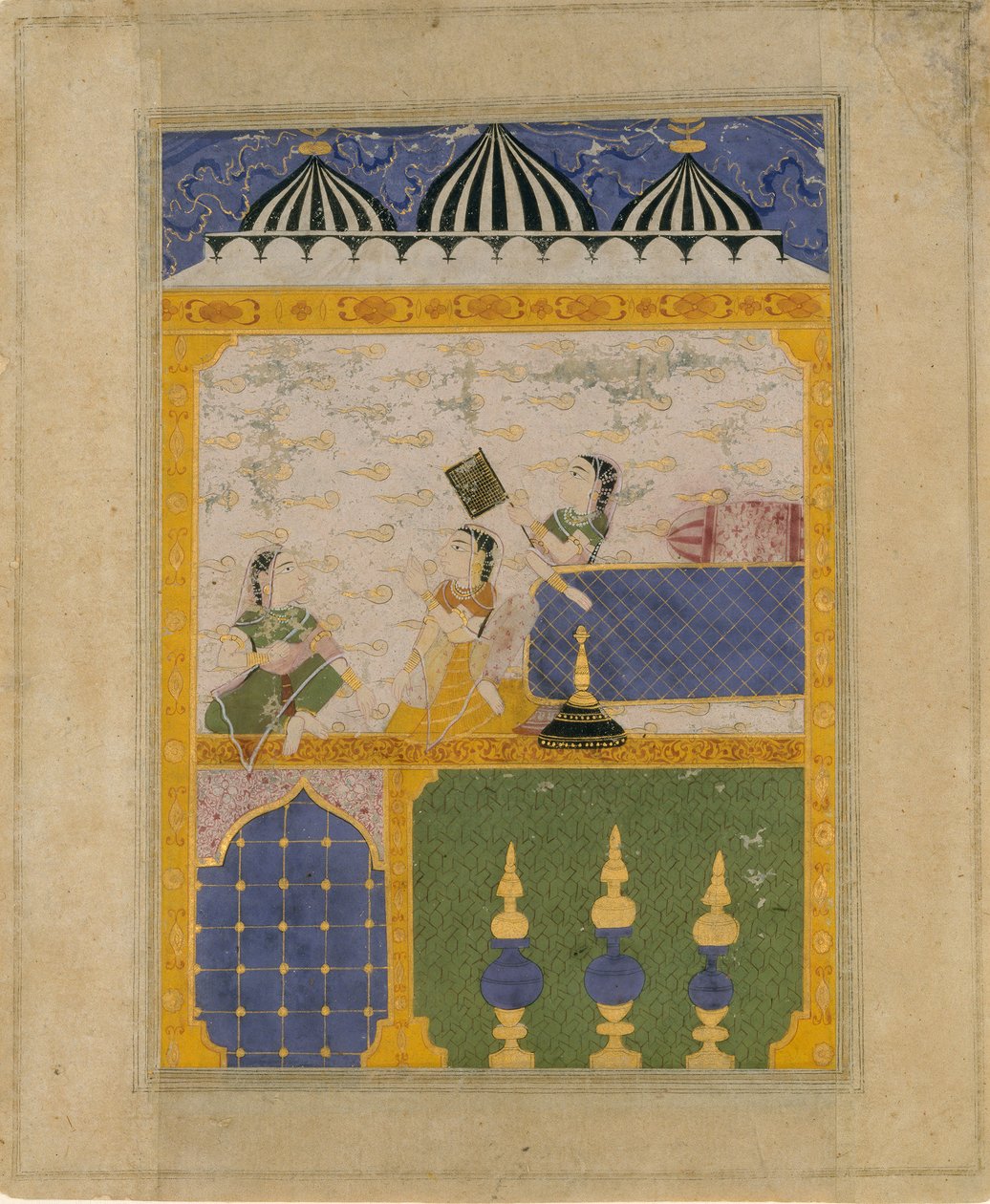 एक पैलेस इंटीरियर में तीन देवियाँ: एक बिखरी लौर चंदा से पृष्ठ..., 1520-30। द्वारा अज्ञात
