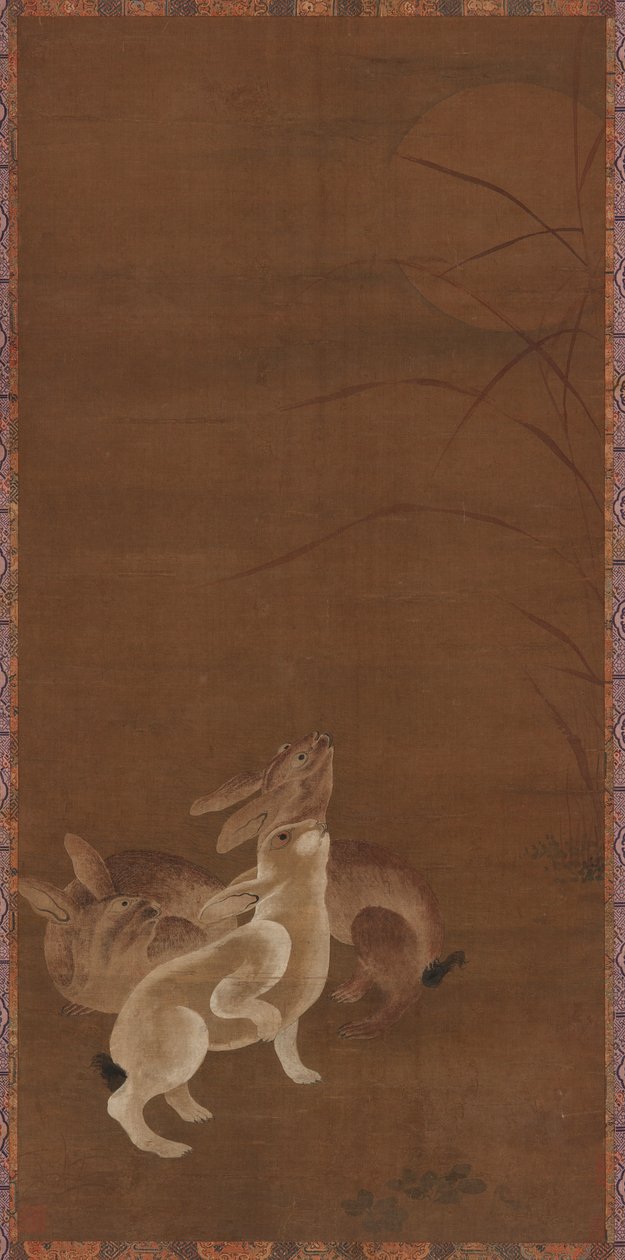 तीन खरगोश चंद्रमा को देख रहे हैं, 1368-1644। द्वारा अज्ञात