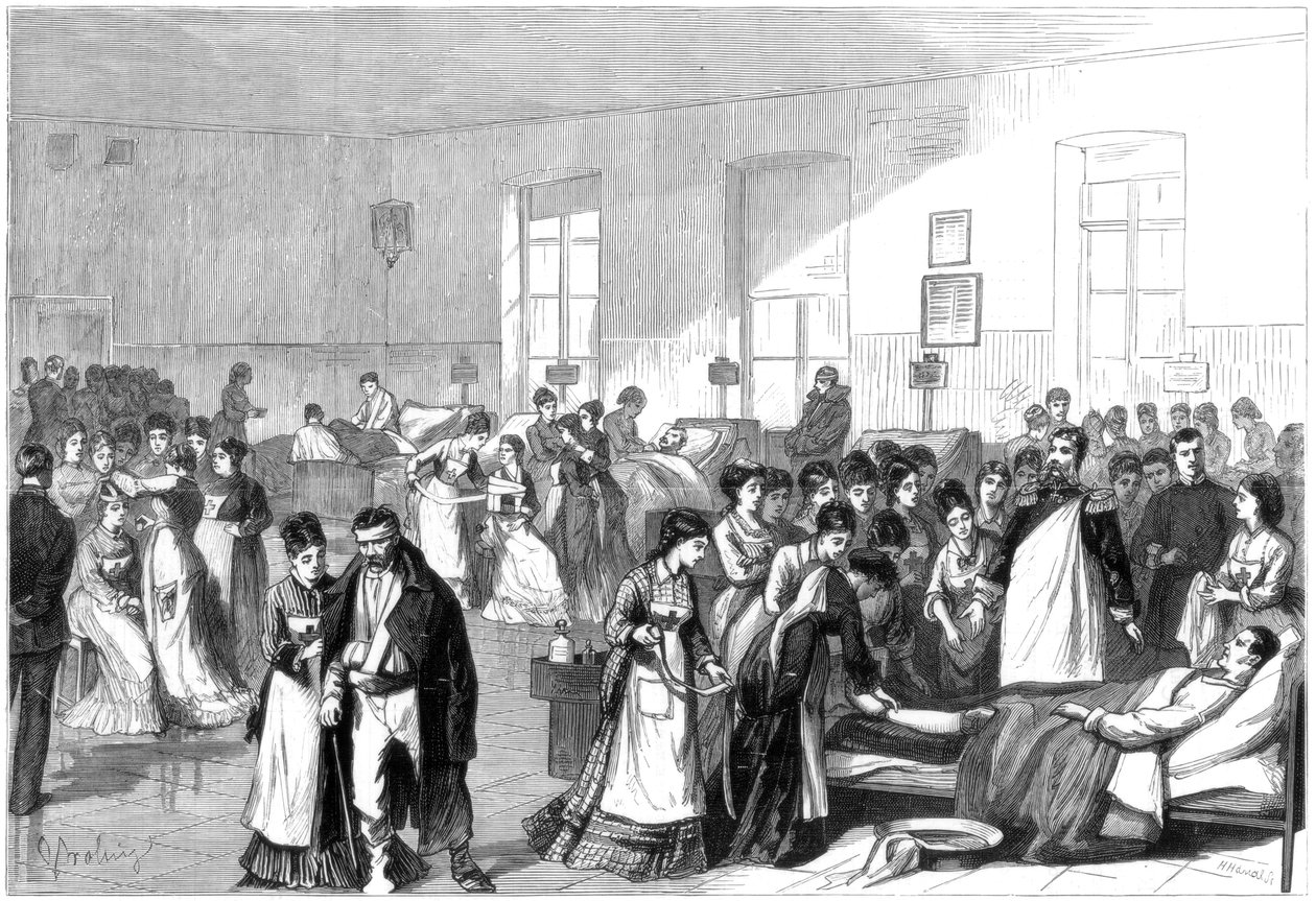 1877 में सेंट पीटर्सबर्ग के एक सैन्य अस्पताल में नर्स बनने के लिए महिलाओं को प्रशिक्षित करना द्वारा अज्ञात