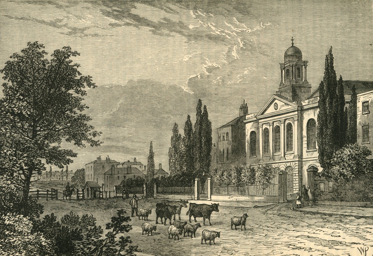 हैम्पस्टेड रोड में टर्नपाइक, और सेंट जेम्ज़ चर्च, 1820 में, c1876। द्वारा अज्ञात