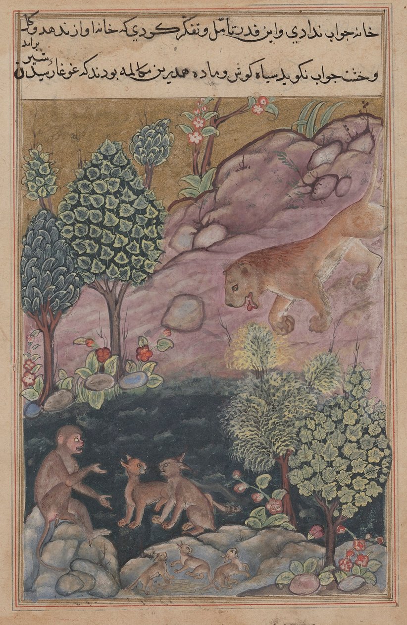 टुटी-नामा टेल्स ऑफ़ ए पैरट: टेल एक्सएक्सएक्स, द लायन रिटर्न टू हिज़ टेरिटरी एंड सी, सी। 1560। द्वारा अज्ञात