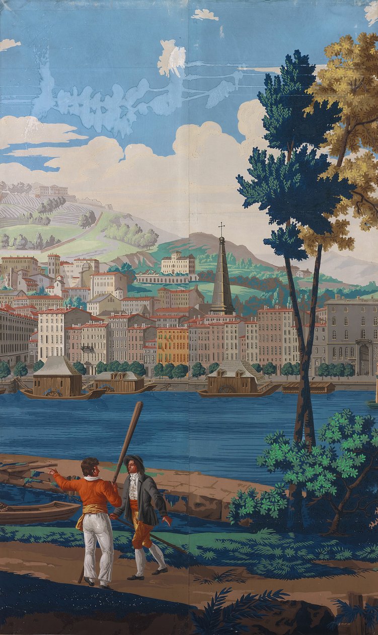 दो सम्मिलित पैनल: ल्योन के दृश्य, फ़्रांस, पहला संस्करण, 1821। द्वारा अज्ञात