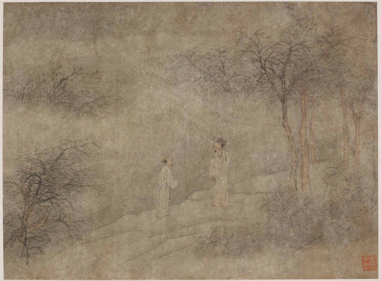 मिस्टी ग्रोव में टहलते हुए दो आदमी, मिंग राजवंश, 1368-1644। द्वारा अज्ञात