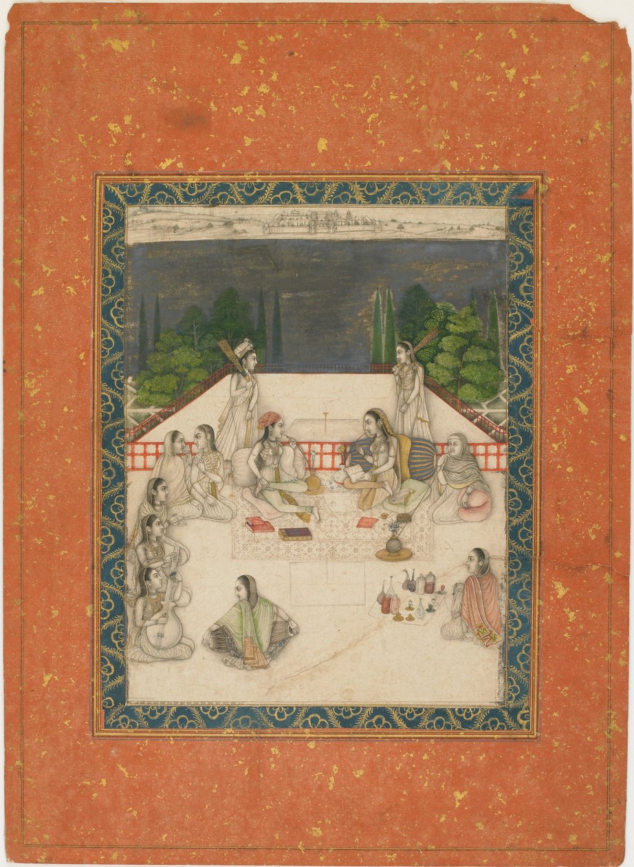 दो महिलाएँ एक छत पर बैठी थीं, जो परिचारकों और संगीतकारों से घिरी हुई थीं। 1650. द्वारा अज्ञात