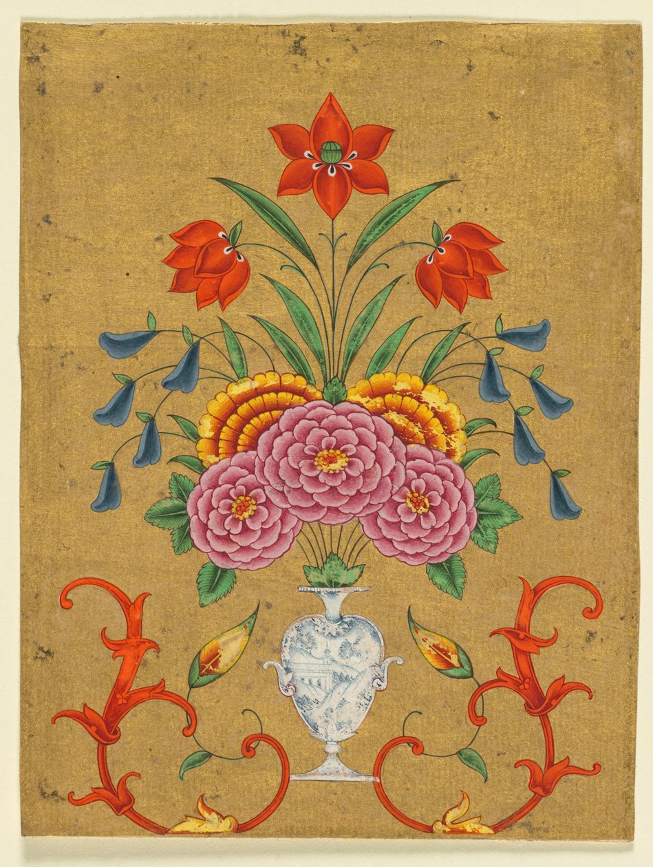 फूलों की व्यवस्था और स्क्रॉलवर्क के साथ फूलदान, c. 1750-1800। द्वारा अज्ञात