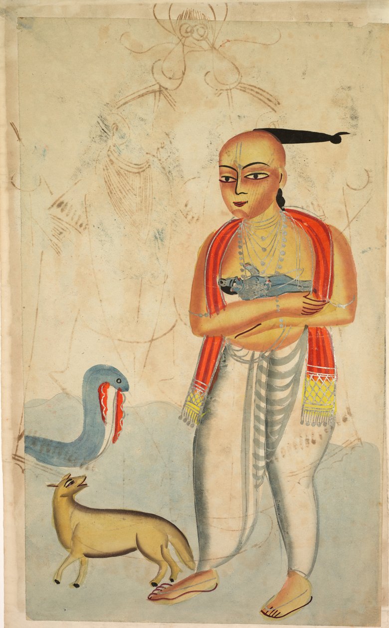 कृष्ण के साथ वासुदेव कृष्ण फादर फ़्लिंग एक कोबरा और एक जैकल, 1800s से भिड़ते हैं। द्वारा अज्ञात