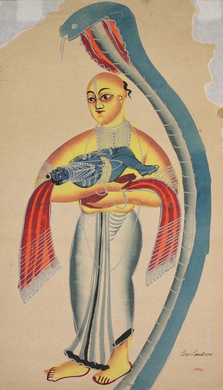 वासुदेव कृष्ण फादर फ़्लेइंग के साथ शिशु कृष्ण का सामना 1800 के दशक में हुआ था। द्वारा अज्ञात
