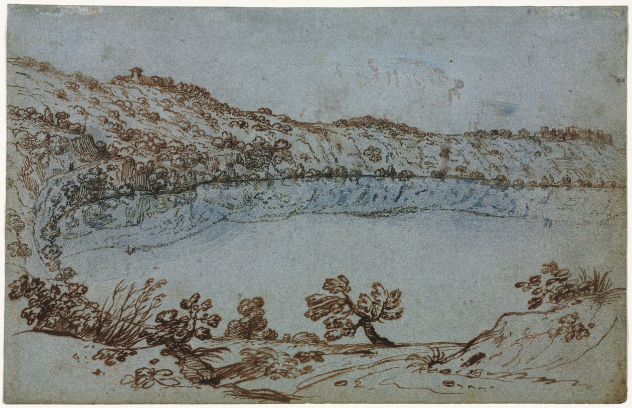 झील नेमी रेक्टो का दृश्य रोमन खंडहरों का छोटा समूह, सी। 1650। द्वारा अज्ञात