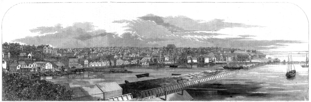 नए वाणिज्यिक तटबंध, 1860 के साथ न्यूजीलैंड के ऑकलैंड शहर का दृश्य द्वारा अज्ञात