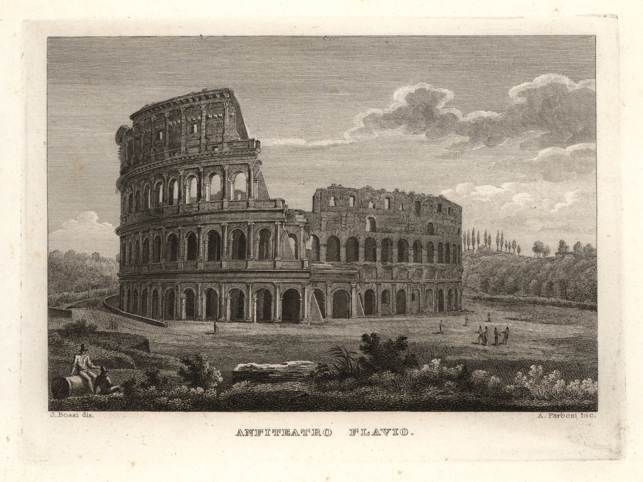फ्लेवियन एम्फीथिएटर, एनफिटेट्रो फ्लेवियो, रोम के खंडहरों का दृश्य द्वारा अज्ञात