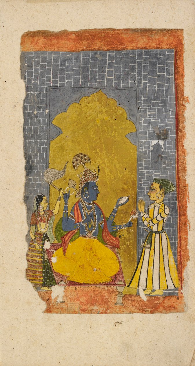 विष्णु सिंहासन पर विराजमान हैं और उनके सामने राजसी भक्त खड़े हैं, लगभग 1700-1725 द्वारा अज्ञात