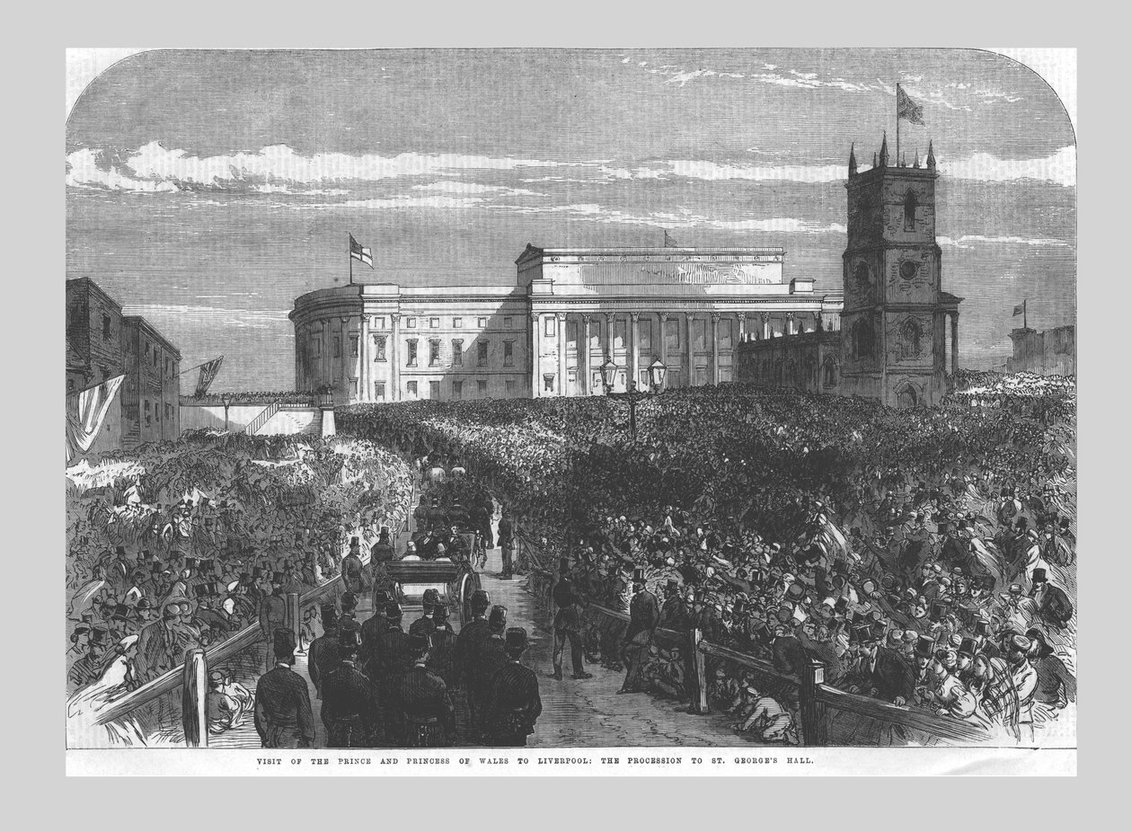 वेल्स के राजकुमार और राजकुमारी का लिवरपूल का दौरा। 1865 में सेंट जार्ज हॉल के लिए जुलूस द्वारा अज्ञात