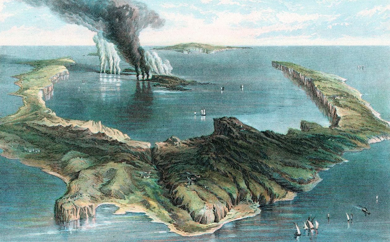 थेरा सेंटोरिनी द्वीप पर ज्वालामुखी विस्फोट, 1866 द्वारा अज्ञात