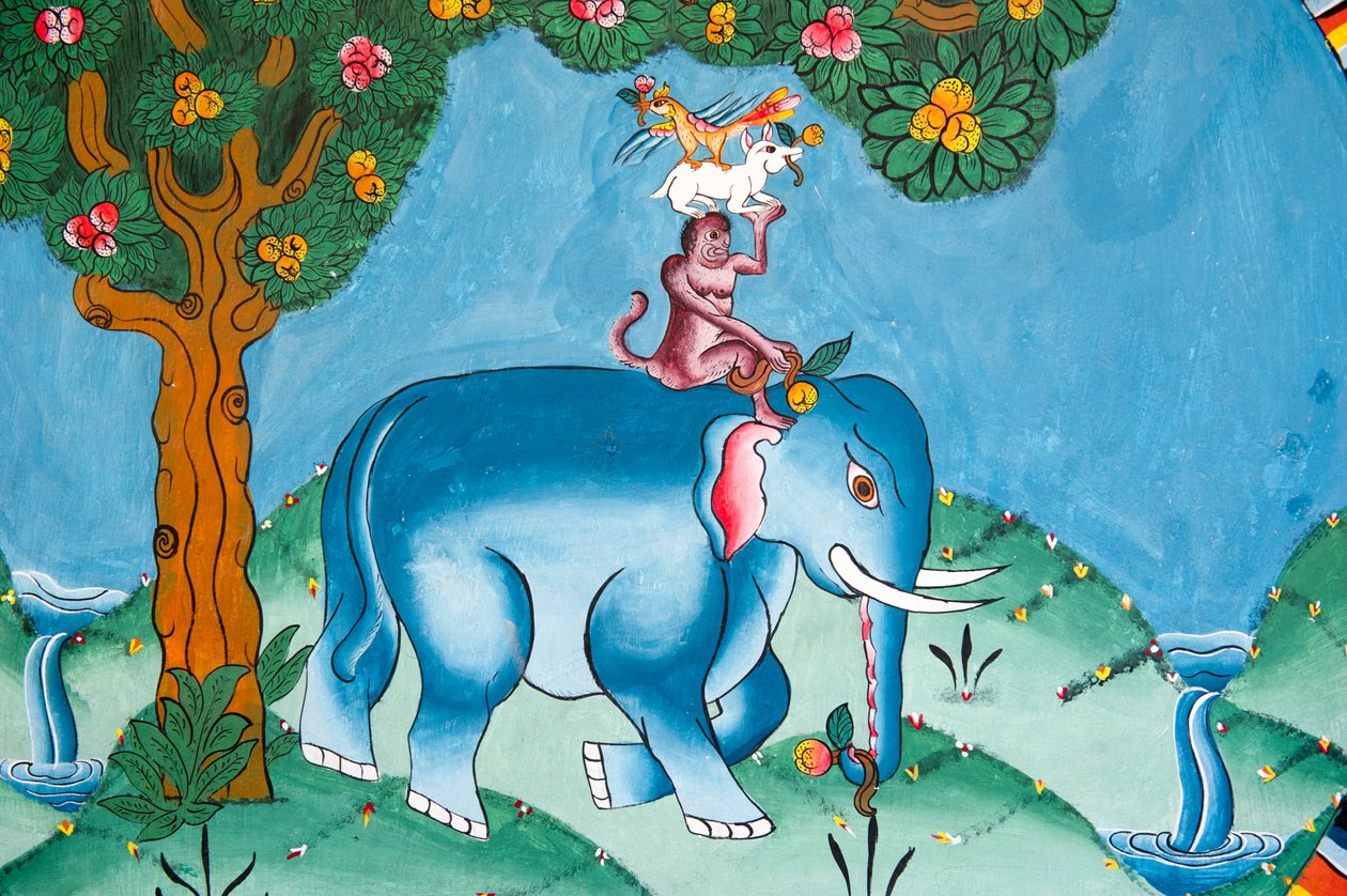 चार दोस्तों की कथा को दर्शाती दीवार; हाथी; बंदर; खरगोश और मुर्गा; खरबदी गोम्पा; फुएंत्शोलिंग; भूटान का साम्राज्य द्वारा अज्ञात