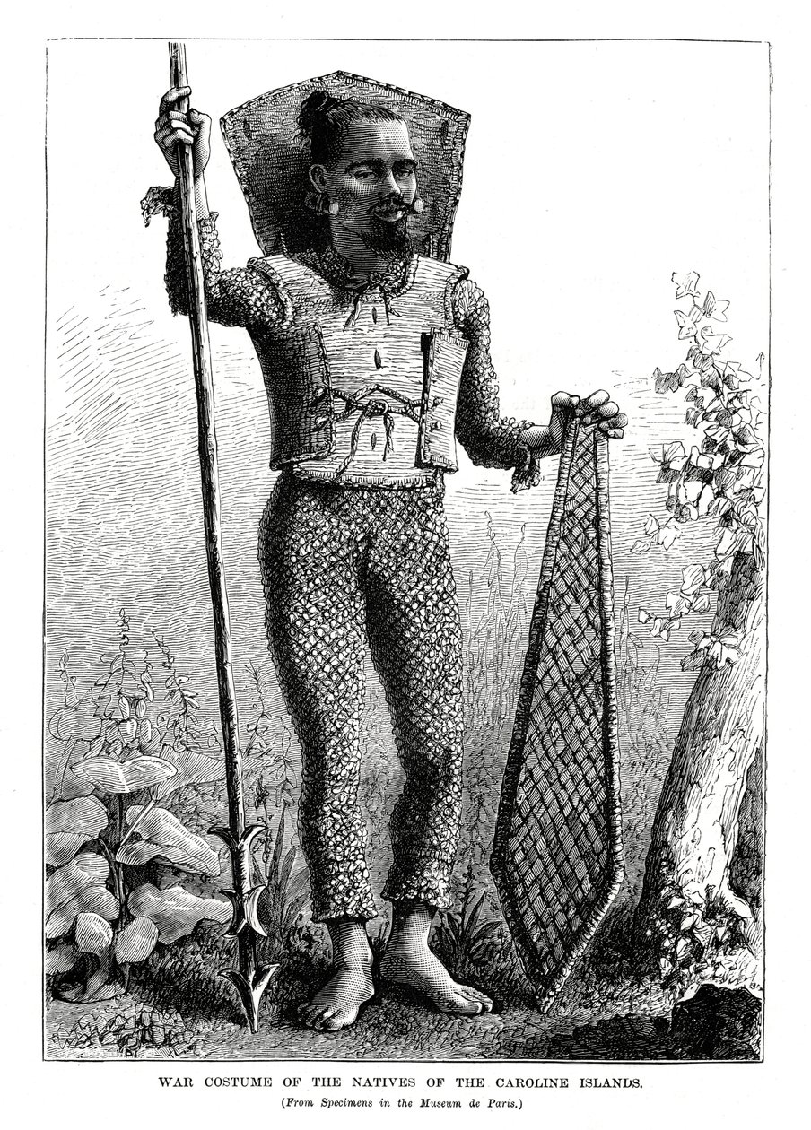 1877 में मध्य प्रशांत महासागर के कैरोलीन द्वीप समूह के मूल निवासी युद्ध पोशाक द्वारा अज्ञात
