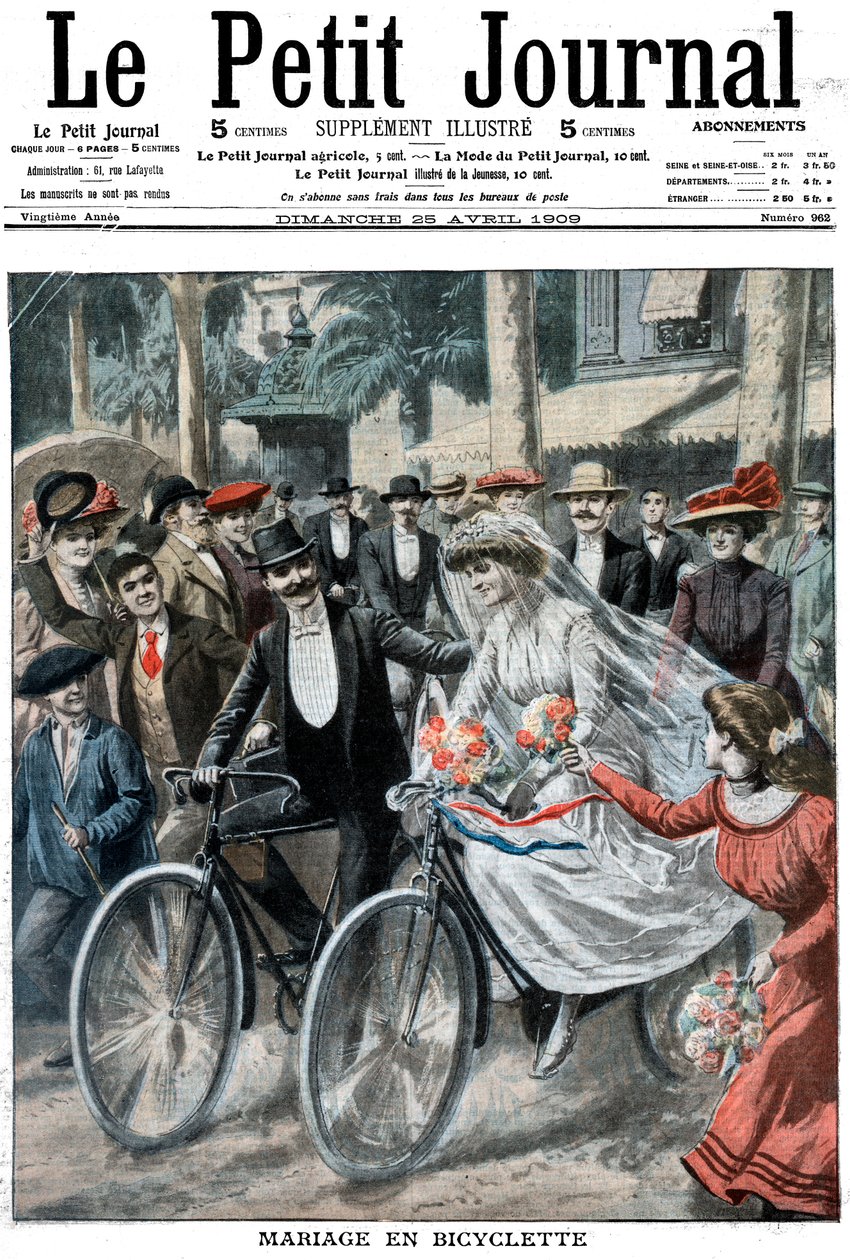 दुल्हन और दुल्हन, नीस, फ्रांस, 1909 के नेतृत्व में साइकिल पर शादी की पार्टी द्वारा अज्ञात