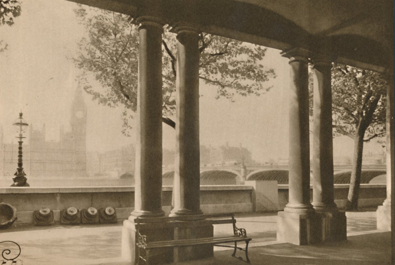 सेंट थामस अस्पताल के छत से वेस्टमिंस्टर ब्रिज और बिग बेन, c1935। द्वारा अज्ञात