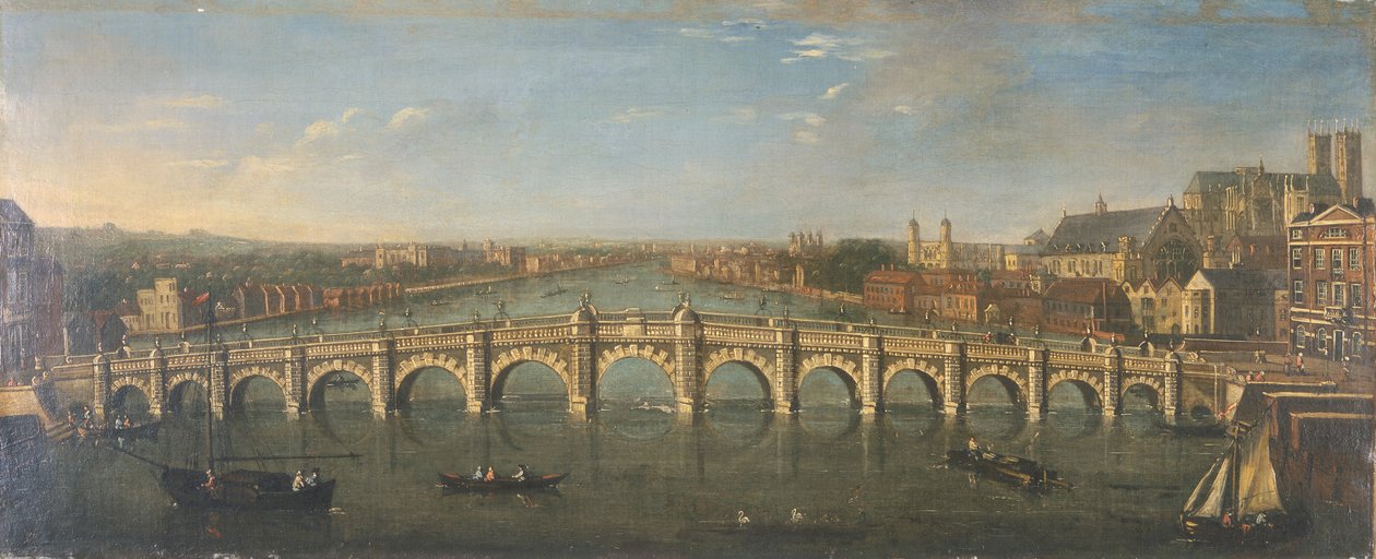 वेस्टमिंस्टर ब्रिज फ्रॉम द रिवर, लुकिंग साउथ, c1750 द्वारा अज्ञात