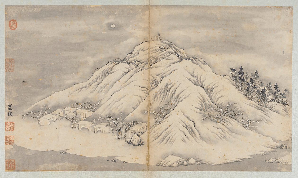 शीतकालीन परिदृश्य: चाँद से जगमगाती पहाड़ी और इमारतें, किंग राजवंश, 18वीं सदी। द्वारा अज्ञात