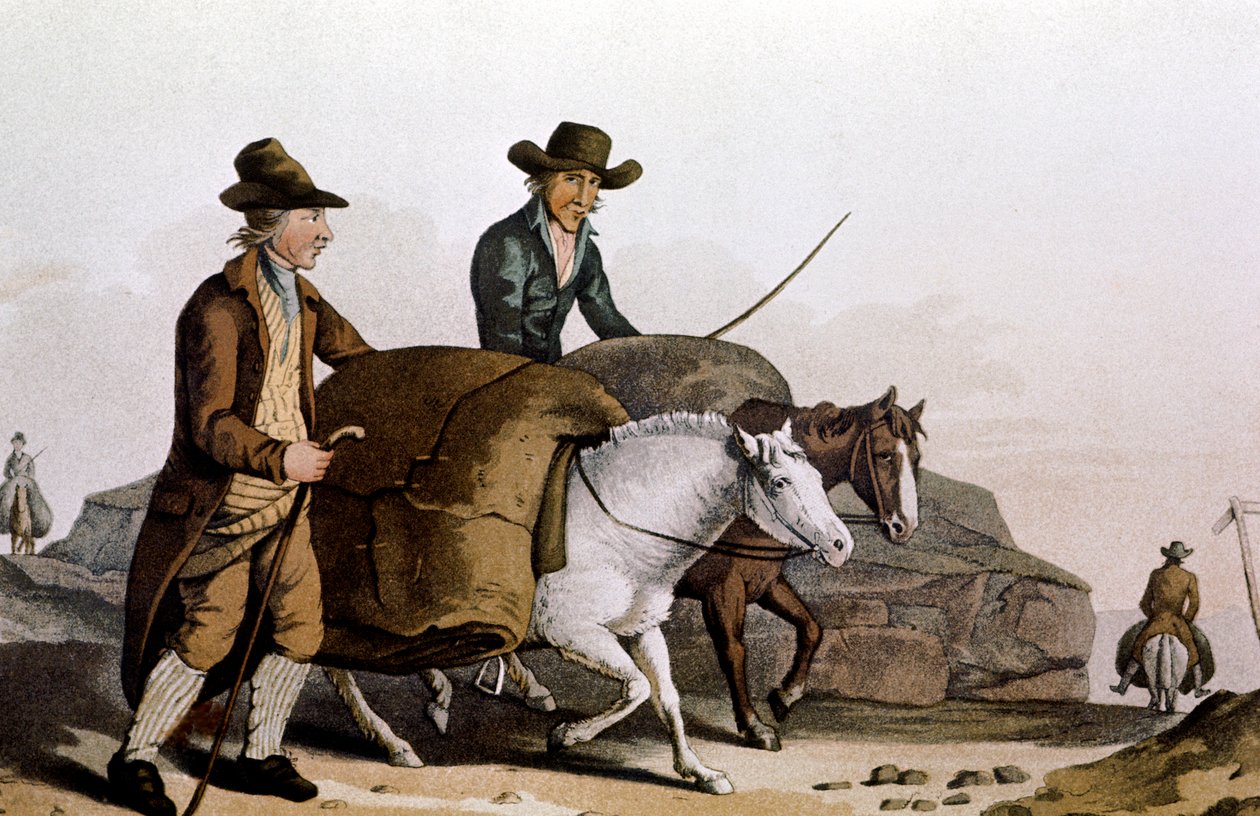 1814 में बिक्री के लिए लीड्स के क्लॉथ हॉल में कपड़े के 'टुकड़े' ले जाते ऊन व्यापारी द्वारा अज्ञात
