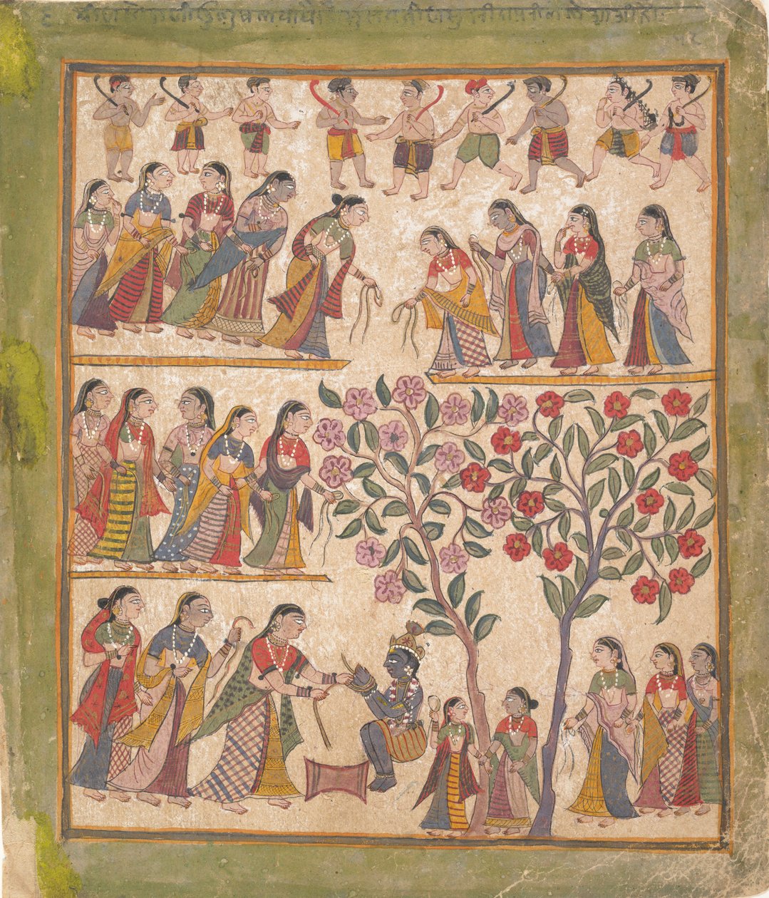 यशोदा ने कृष्ण के हाथों को बाँधा: पृष्ठ भागवत पुराण पांडुलिपि, 1640-50 से। द्वारा अज्ञात