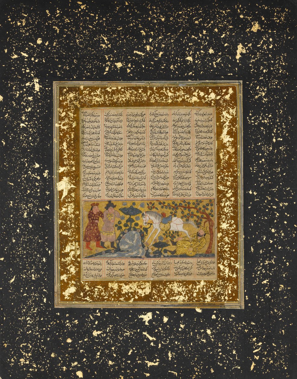 यज़देगिर्ड आई किक्ड टू डेथ बाय द वाटर हॉर्स, शाहनामा से फोलियो..., सीए। 1300-30। द्वारा अज्ञात