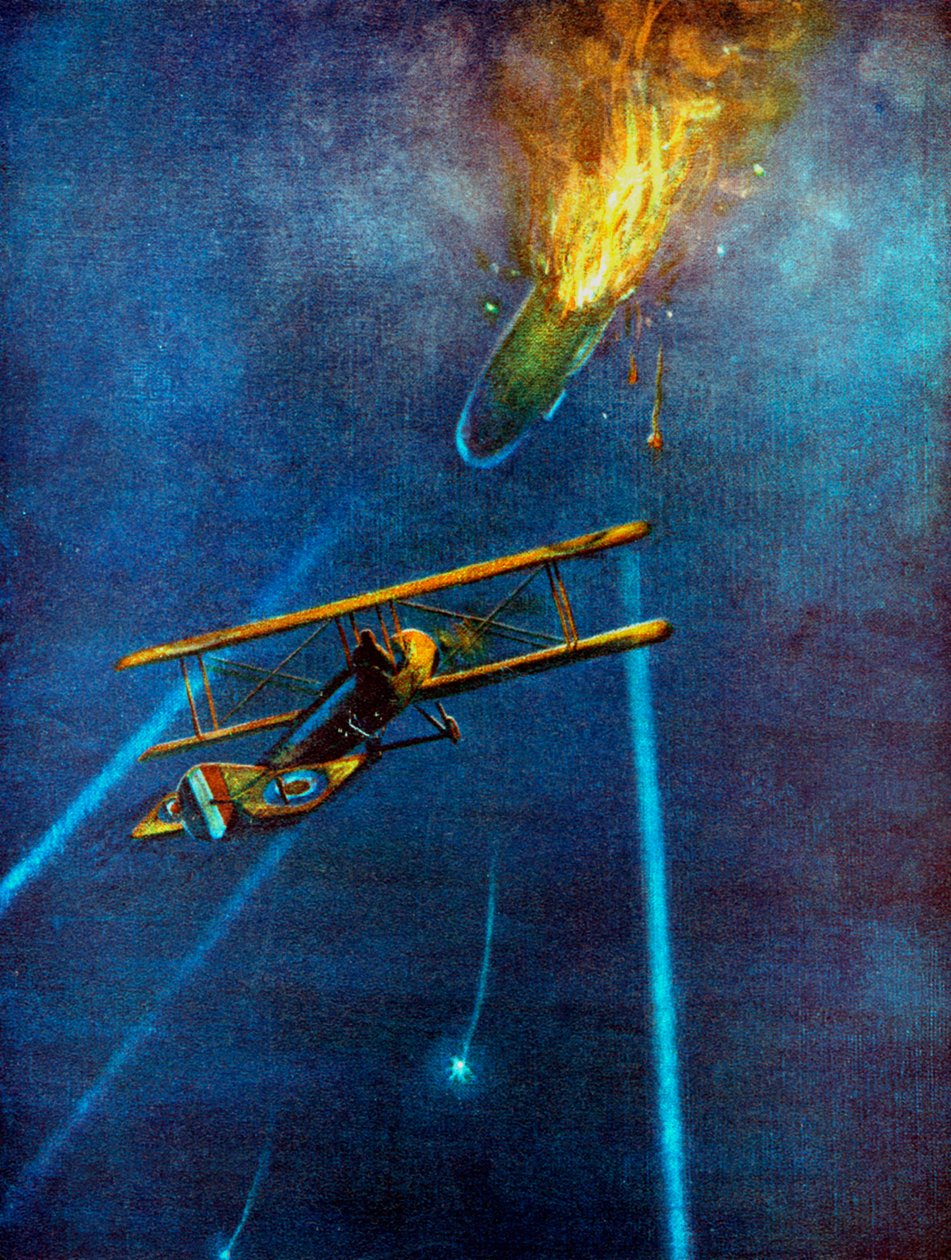 लंदन, 1916 में बमबारी के दौरान एनफ़ील्ड के पास कफ़ली में ज़ेपेलिन हवाई पोत ने गोली मार दी द्वारा अज्ञात