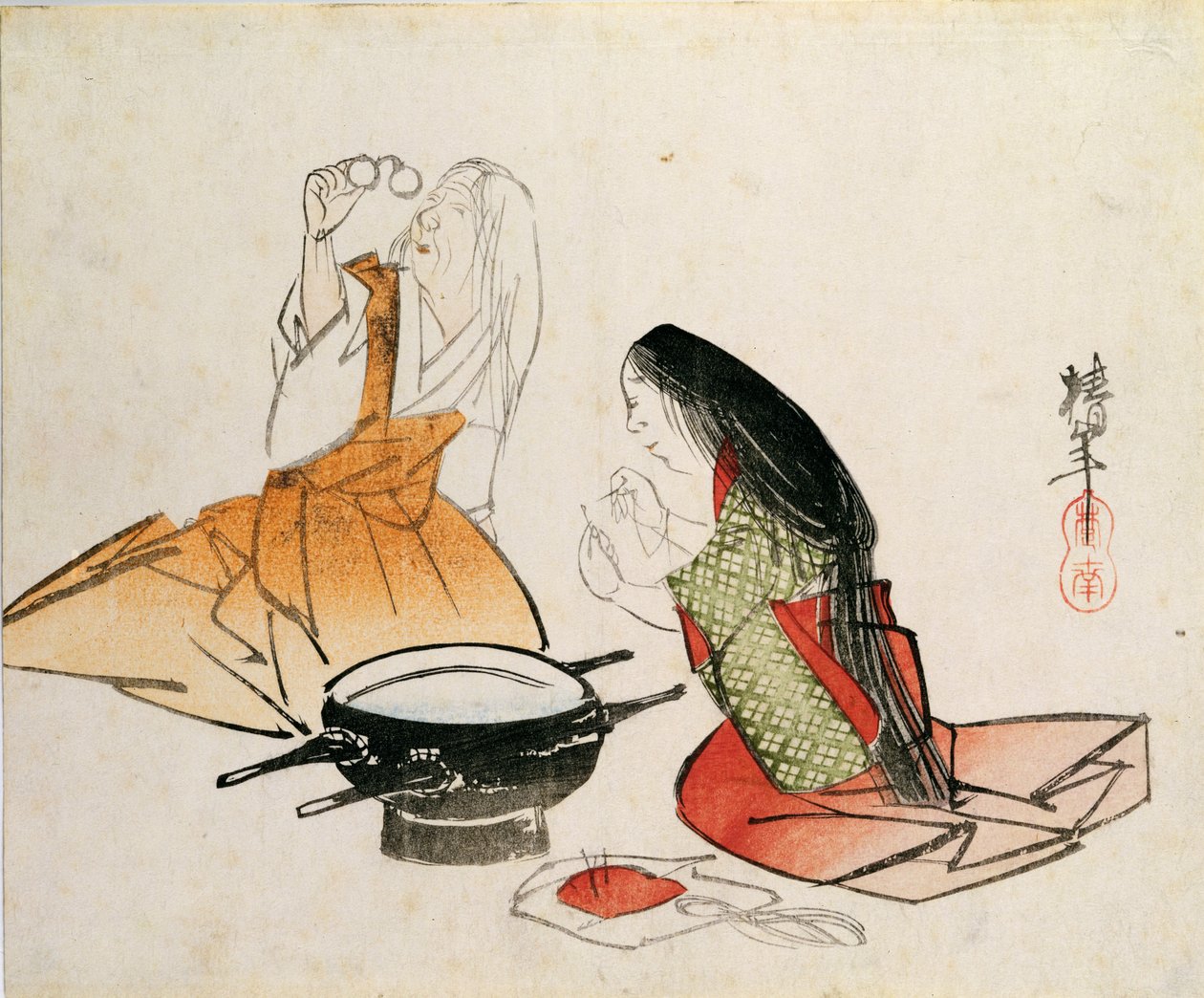 चिनेन (1792- 1851), पब द्वारा एक युवती ने एक सुई फैलाई। c.1830, (चुबन आकार, रंग वुडब्लॉक प्रिंट) द्वारा अज्ञात अज्ञात
