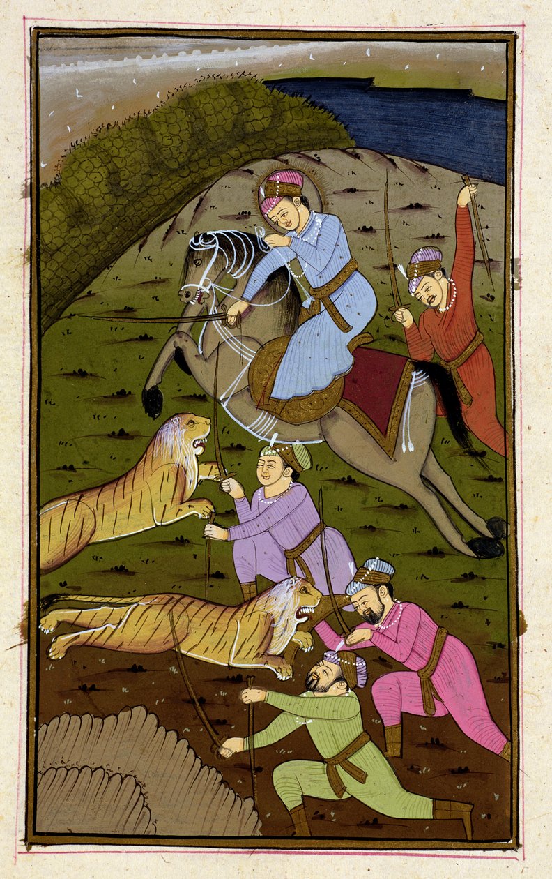 अकबरनामा, मुगल, c.1590, (सचित्र पाठ) से बाघ के शिकार पर अकबर द्वारा अज्ञात अज्ञात