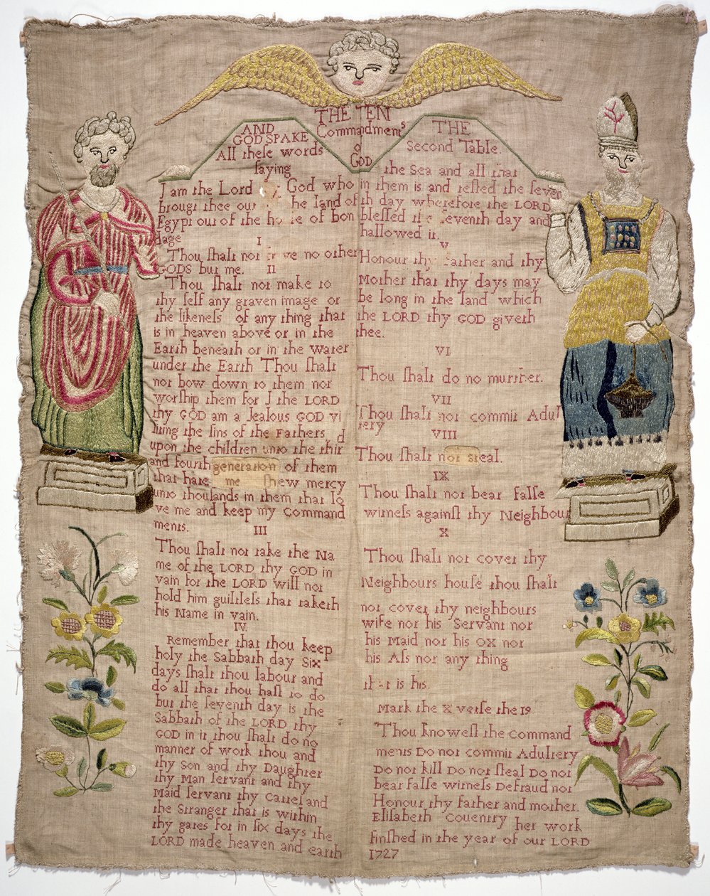 नमूना, एलिजाबेथ कोवेंट्री, अंग्रेजी, 1727 (लिनन पर रंगीन सिल्क्स) द्वारा दस आज्ञाओं का चित्रण द्वारा अज्ञात अज्ञात